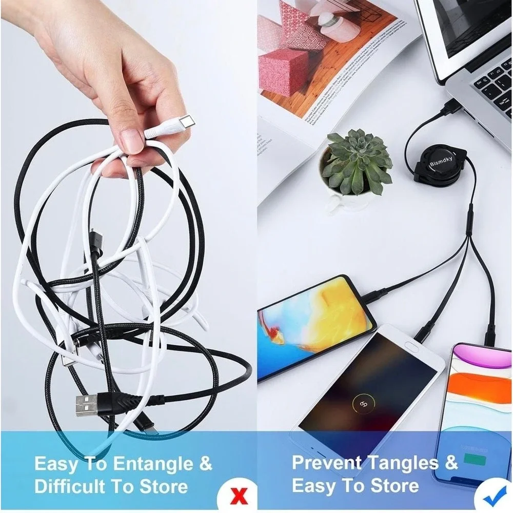 Aywenny 3-Pack 3-in-1 Retractable USB Multi Charging Cable with Type-C, Micro US